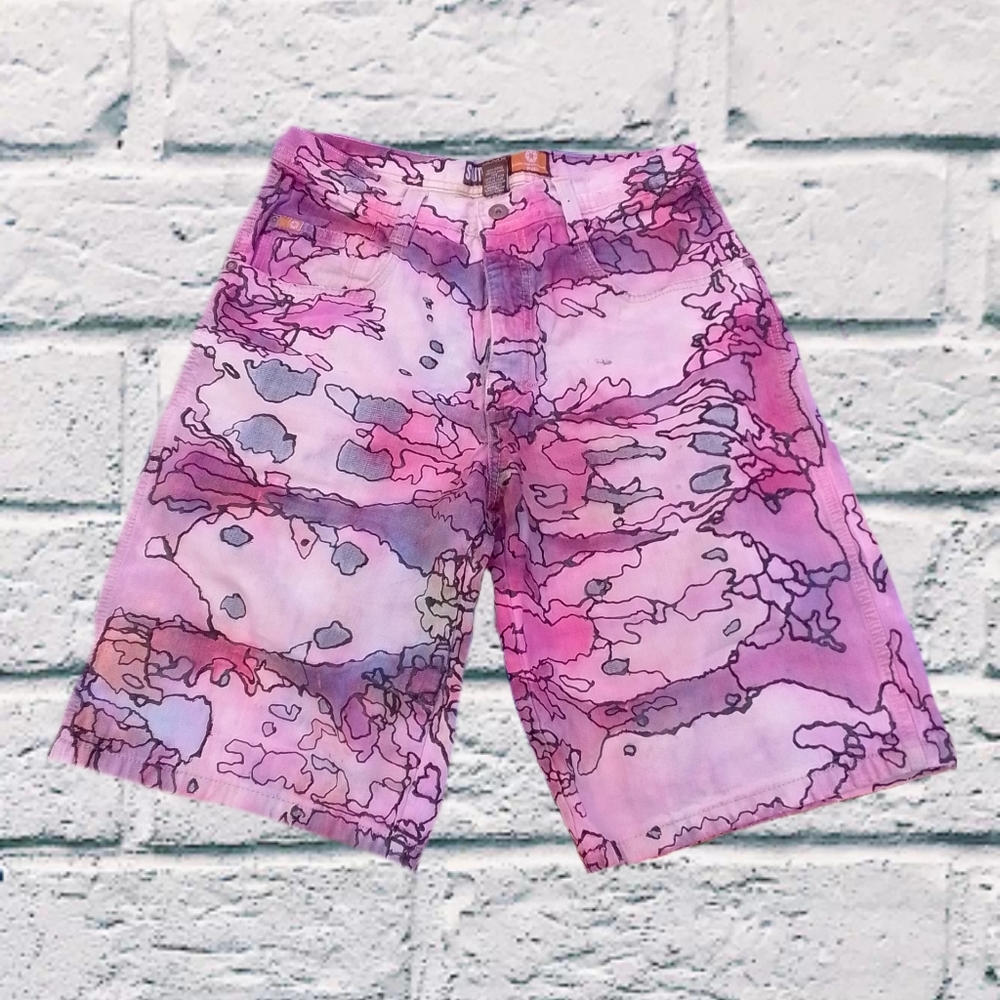 Upcycled tie dye hand painted board shorts